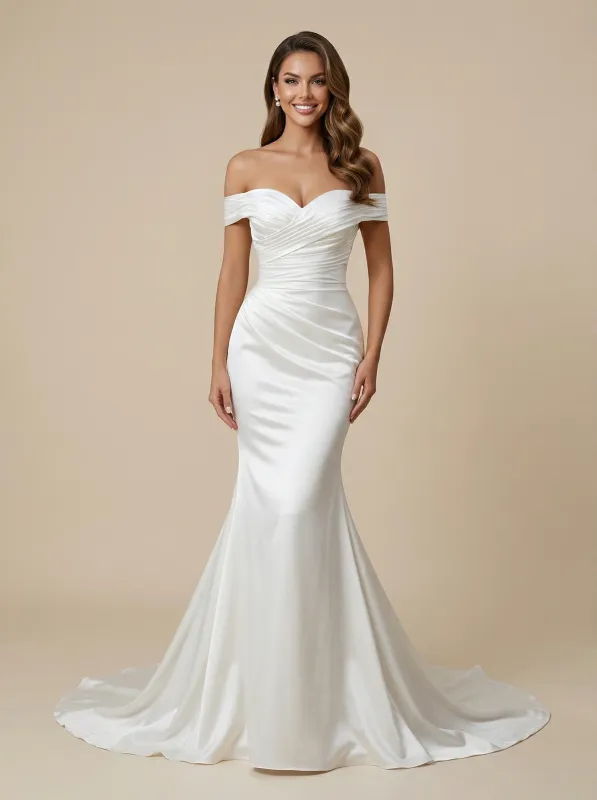 Mermaid Off Shoulder Maxi Long Satin Wedding Dresses Online sold by ChicSew