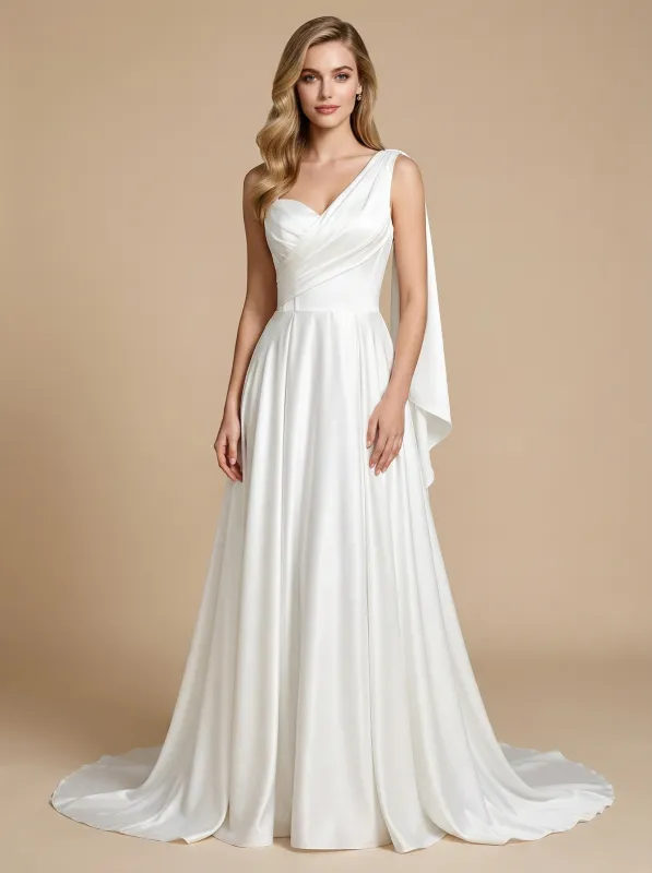 A-Line One Shoulder Back Satin Maxi Long Wedding Dresses Online sold by ChicSew