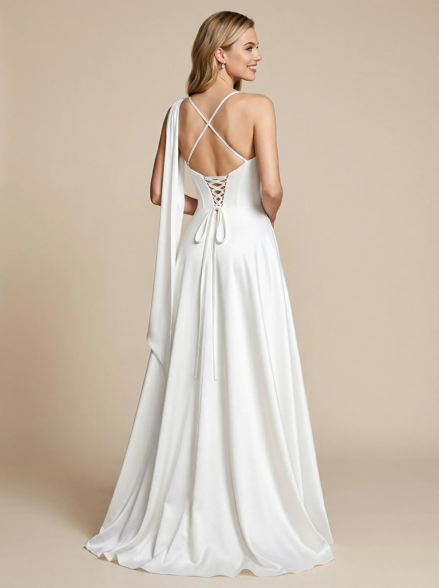 A-Line One Shoulder Back Satin Maxi Long Wedding Dresses Online sold by ChicSew product image thumbnail 2