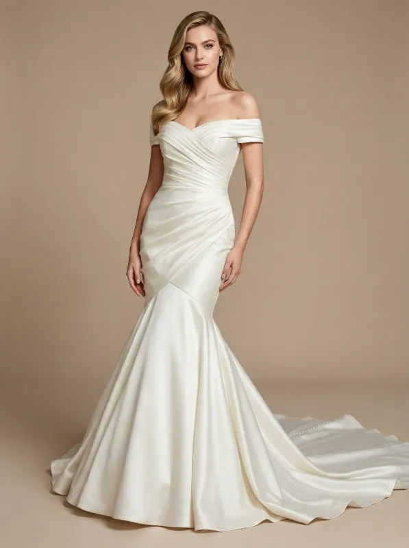 Off Shoulder Satin Mermaid Ruched Maxi Long Wedding Gowns Online sold by ChicSew