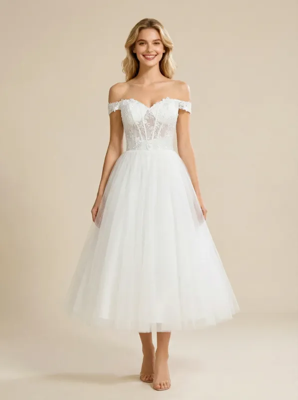 A-Line Off Shoulder LaceTulle Tea-Length Wedding Dresses Online sold by ChicSew
