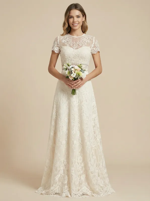 A-Line Jewel Short Sleeves Lace Maxi Long Wedding Dresses Online sold by ChicSew