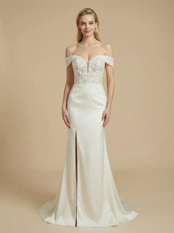 Off Shoulder Satin And Lace Mermaid Maxi Long Wedding Dresses Online With Side Slit sold by ChicSew
