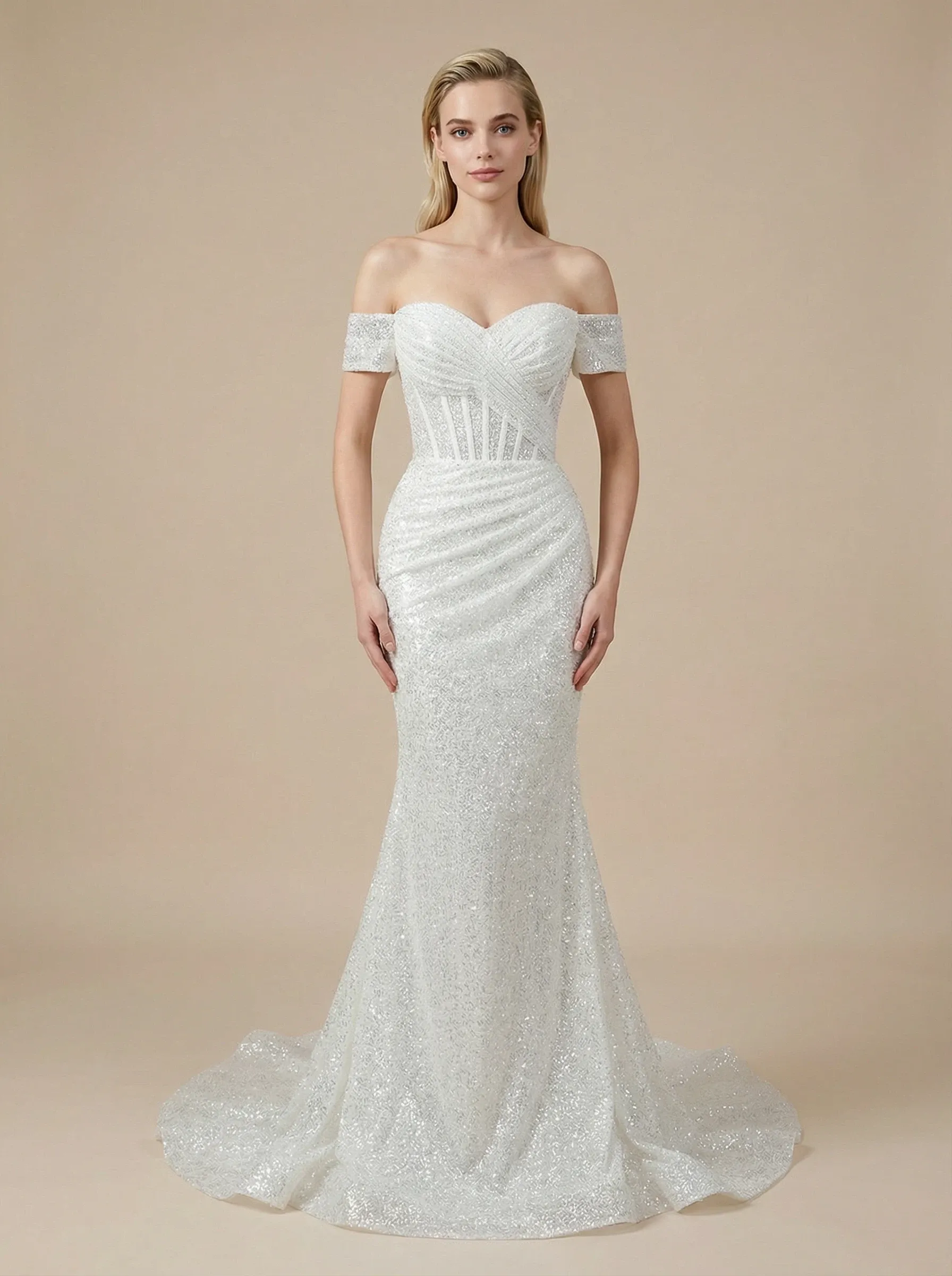 Sparkly Mermaid Off Shoulder Boning Maxi Long Sequin Wedding Dresses Online sold by ChicSew