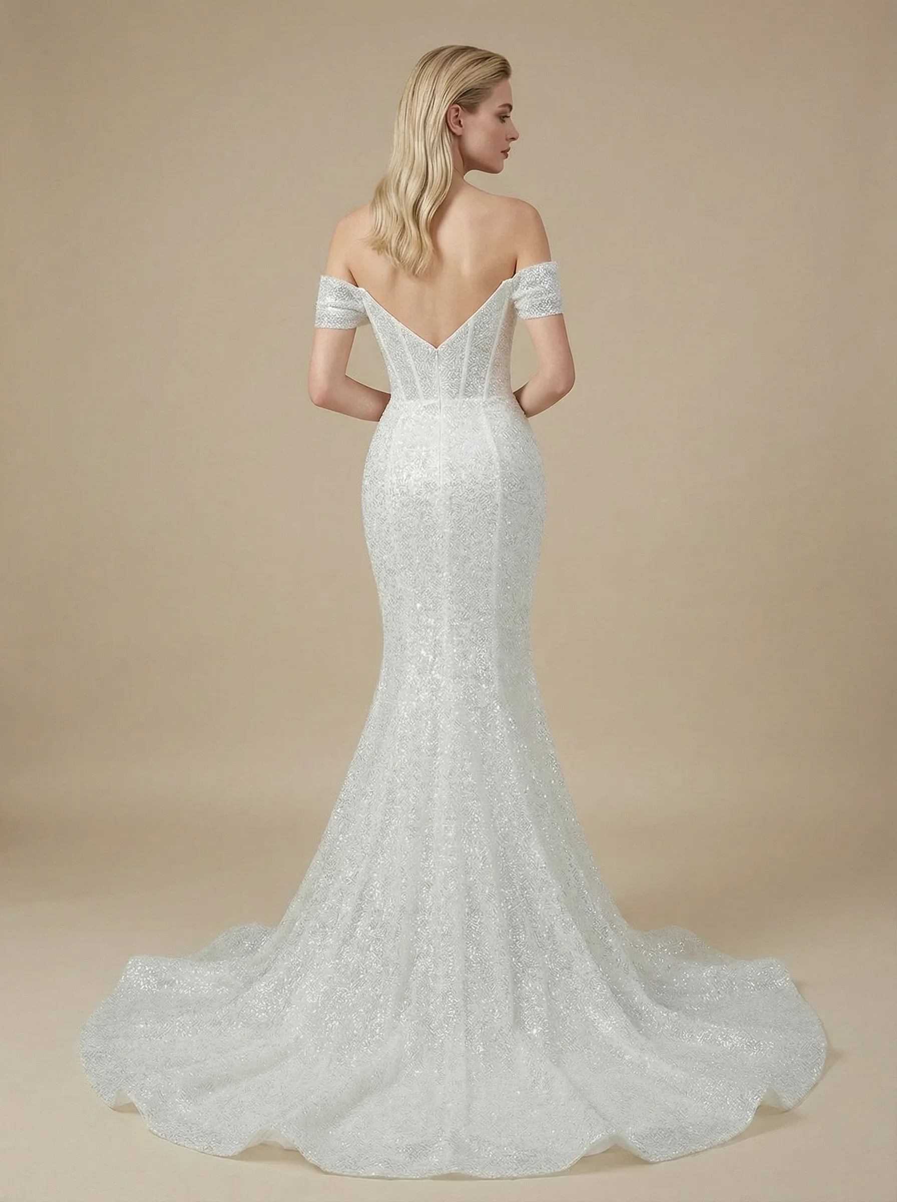 Sparkly Mermaid Off Shoulder Boning Maxi Long Sequin Wedding Dresses Online sold by ChicSew product image thumbnail 2