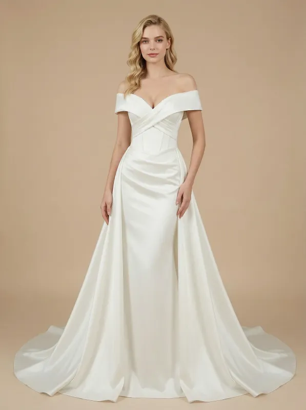 Mermaid Off Shoulder Boning Maxi Long Satin Wedding Dresses Online With Overskirt sold by ChicSew