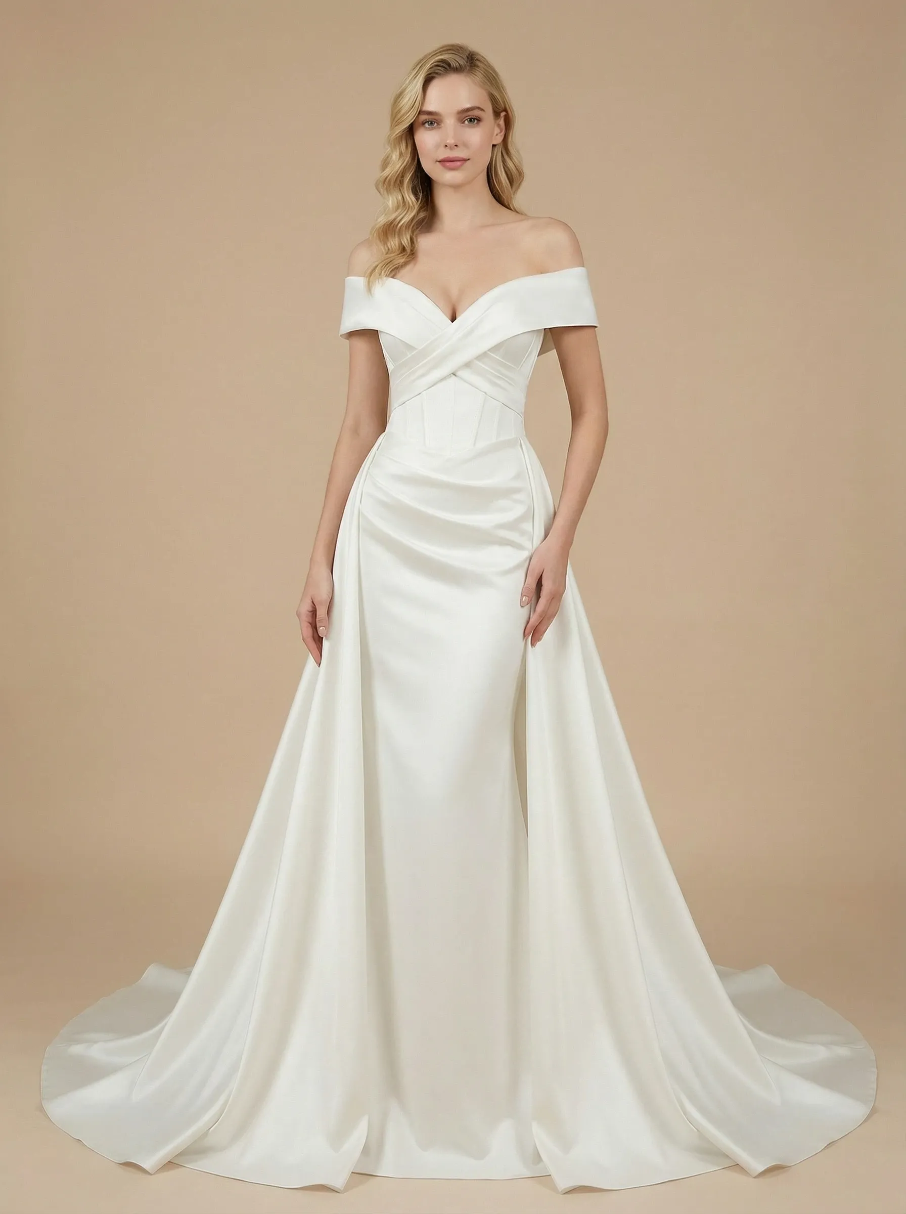Mermaid Off Shoulder Boning Maxi Long Satin Wedding Dresses Online With Overskirt sold by ChicSew