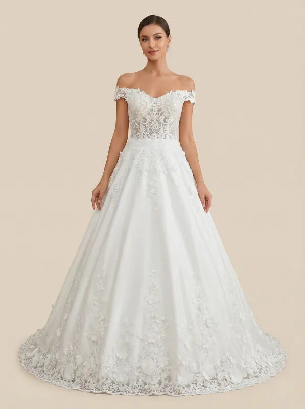 A-Line Off Shoulder Lace Maxi Long Wedding Dresses Online sold by ChicSew