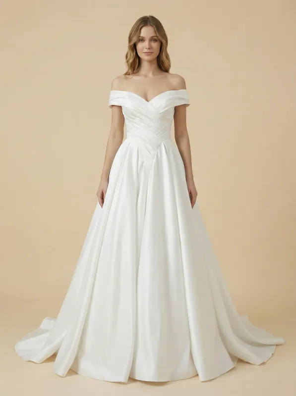 A-Line Off Shoulder Satin Ruched Maxi Long Wedding Dresses Online sold by ChicSew