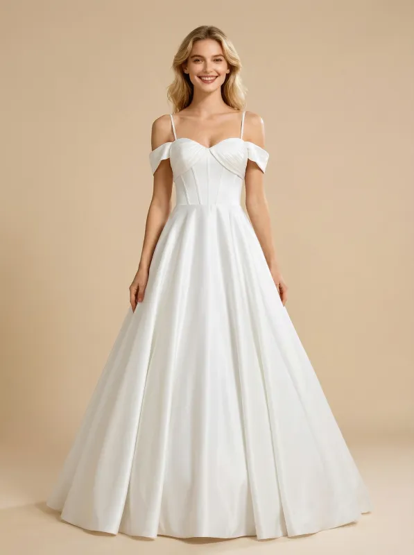 A-Line Cold Shoulder Sweetheart Satin Maxi Long Wedding Dresses Online sold by ChicSew