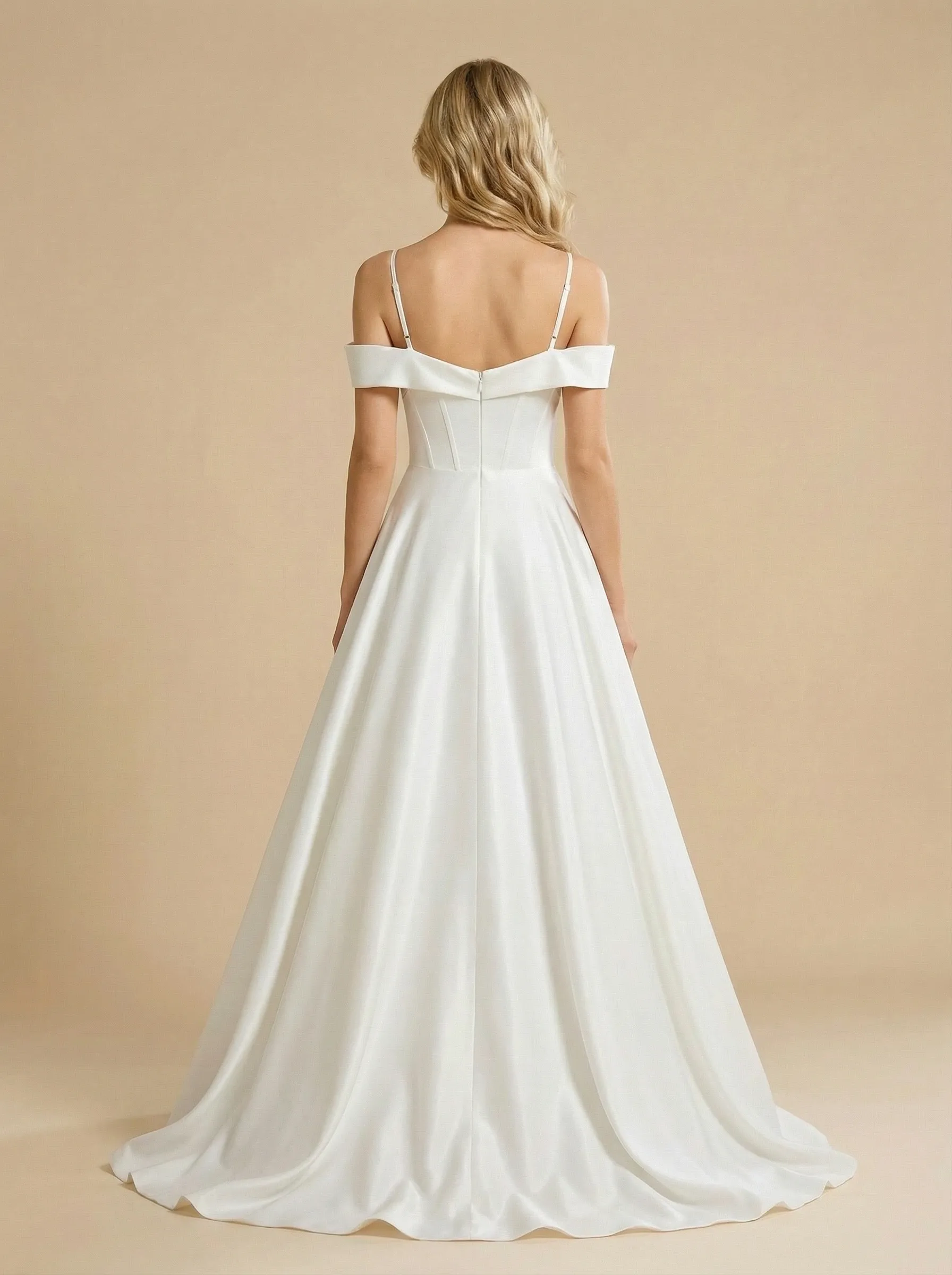 A-Line Cold Shoulder Sweetheart Satin Maxi Long Wedding Dresses Online sold by ChicSew product image thumbnail 2