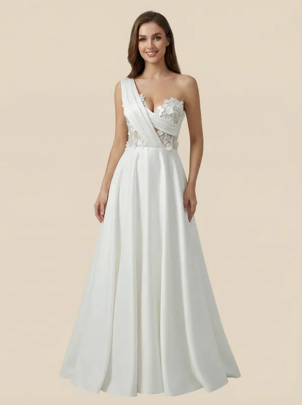 A-Line One Shoulder V-Neck Lace Satin Maxi Long Wedding Dresses Online sold by ChicSew