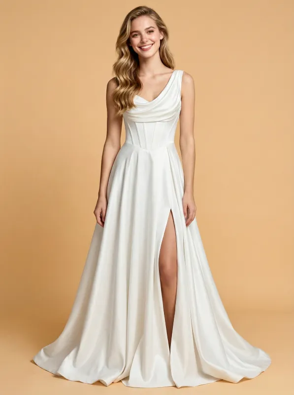 A-Line Cowl Neck Side Slit Satin Maxi Long Wedding Dresses Online sold by ChicSew