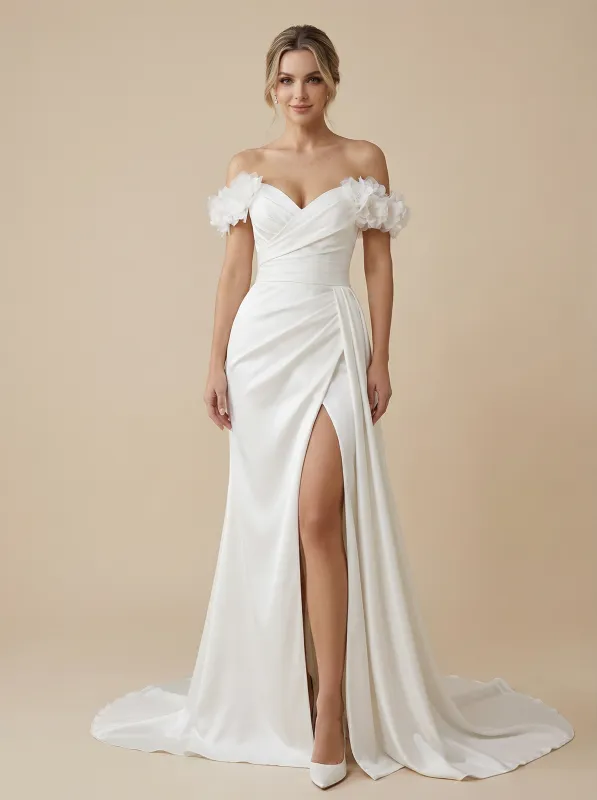Mermaid Off Shoulder Maxi Long Satin Wedding Dresses Online With Train Side Slit sold by ChicSew