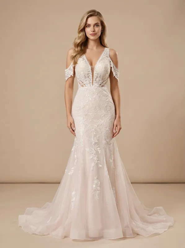 Modern Cold Shoulder Mermaid Lace Maxi Long Wedding Dresses Online sold by ChicSew