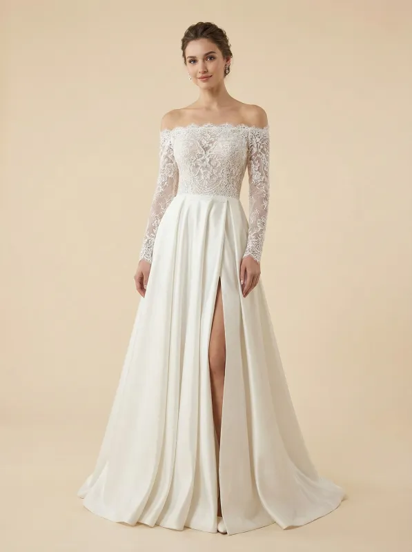 A-Line Off Shoulder Long Sleeves Lace And Satin Maxi Long Wedding Dresses Online sold by ChicSew