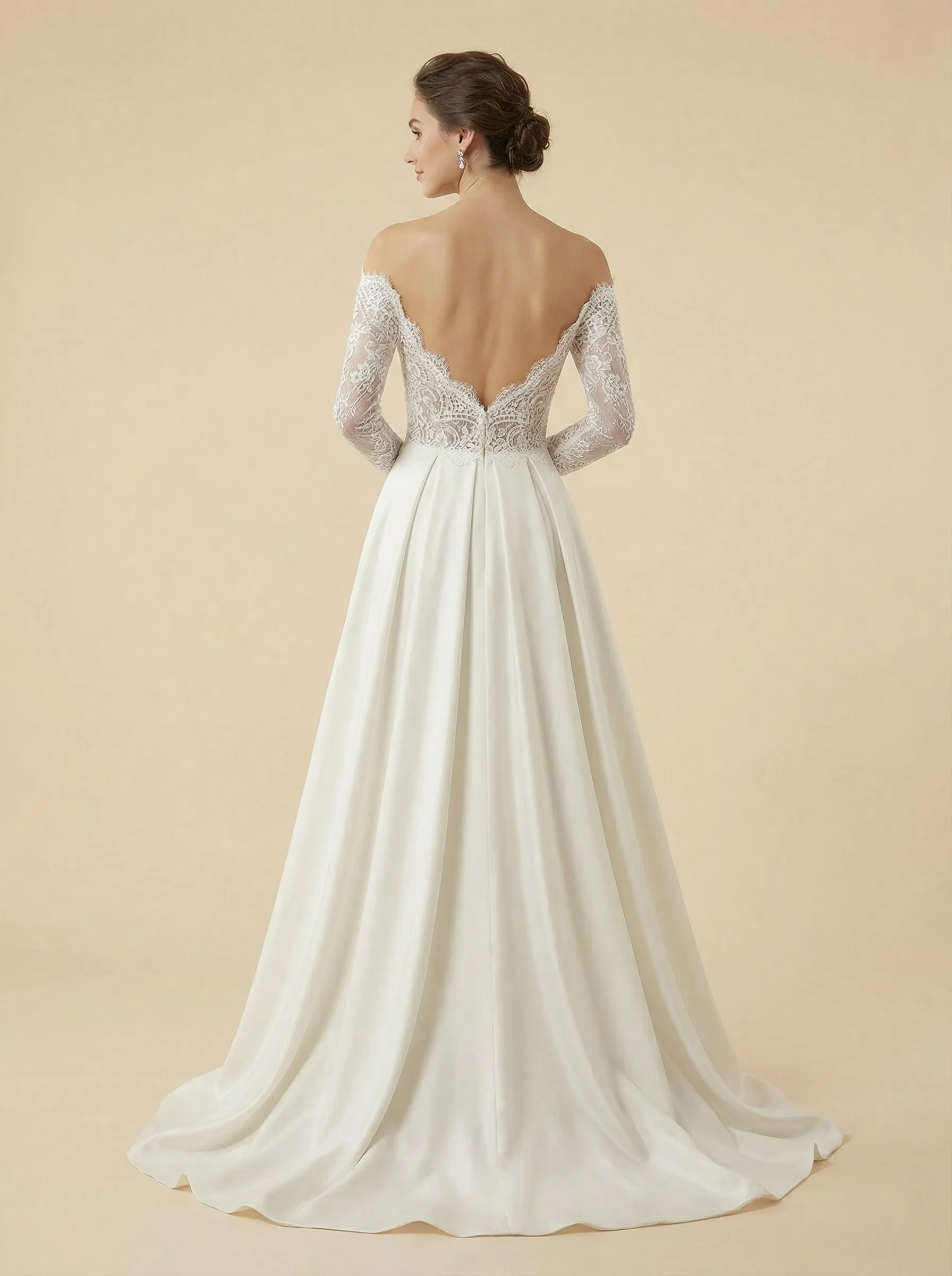 A-Line Off Shoulder Long Sleeves Lace And Satin Maxi Long Wedding Dresses Online sold by ChicSew product image thumbnail 2