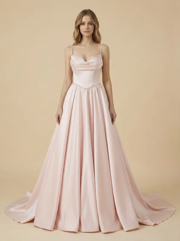 A-Line Spaghetti Straps Maxi Long Beaded Satin Wedding Dresses Online made by ChicSew