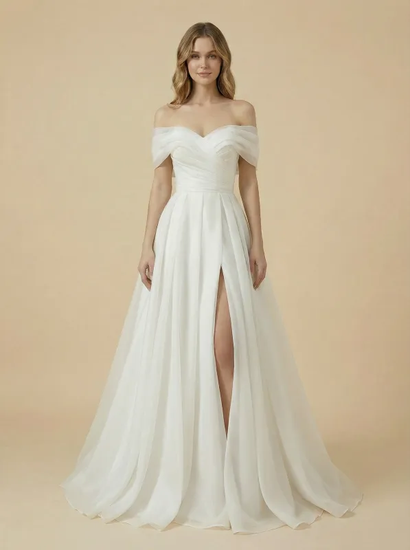 A-Line Off Shoulder Side Slit Maxi Long Ruched Chiffon Beach Wedding Dresses Online sold by ChicSew