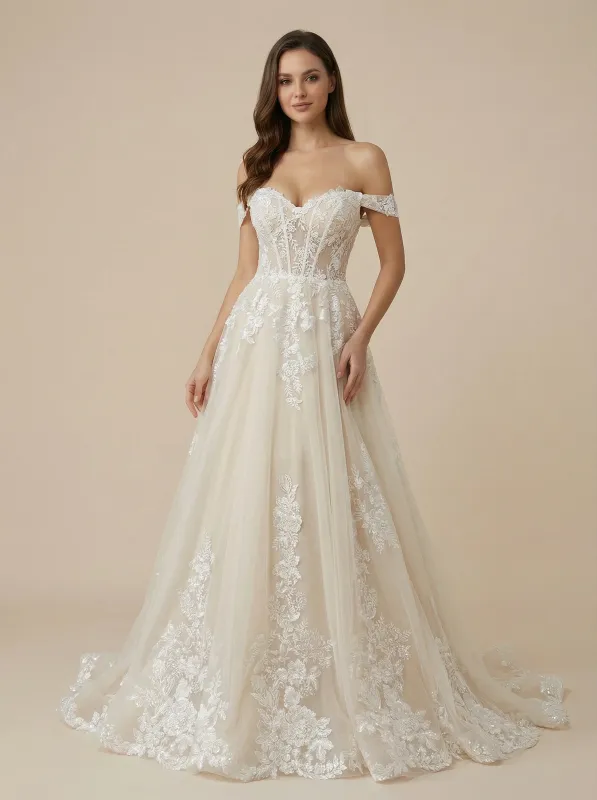 A-Line Off The Shoulder Lace And Tulle Maxi Long Wedding Dresses Online sold by ChicSew