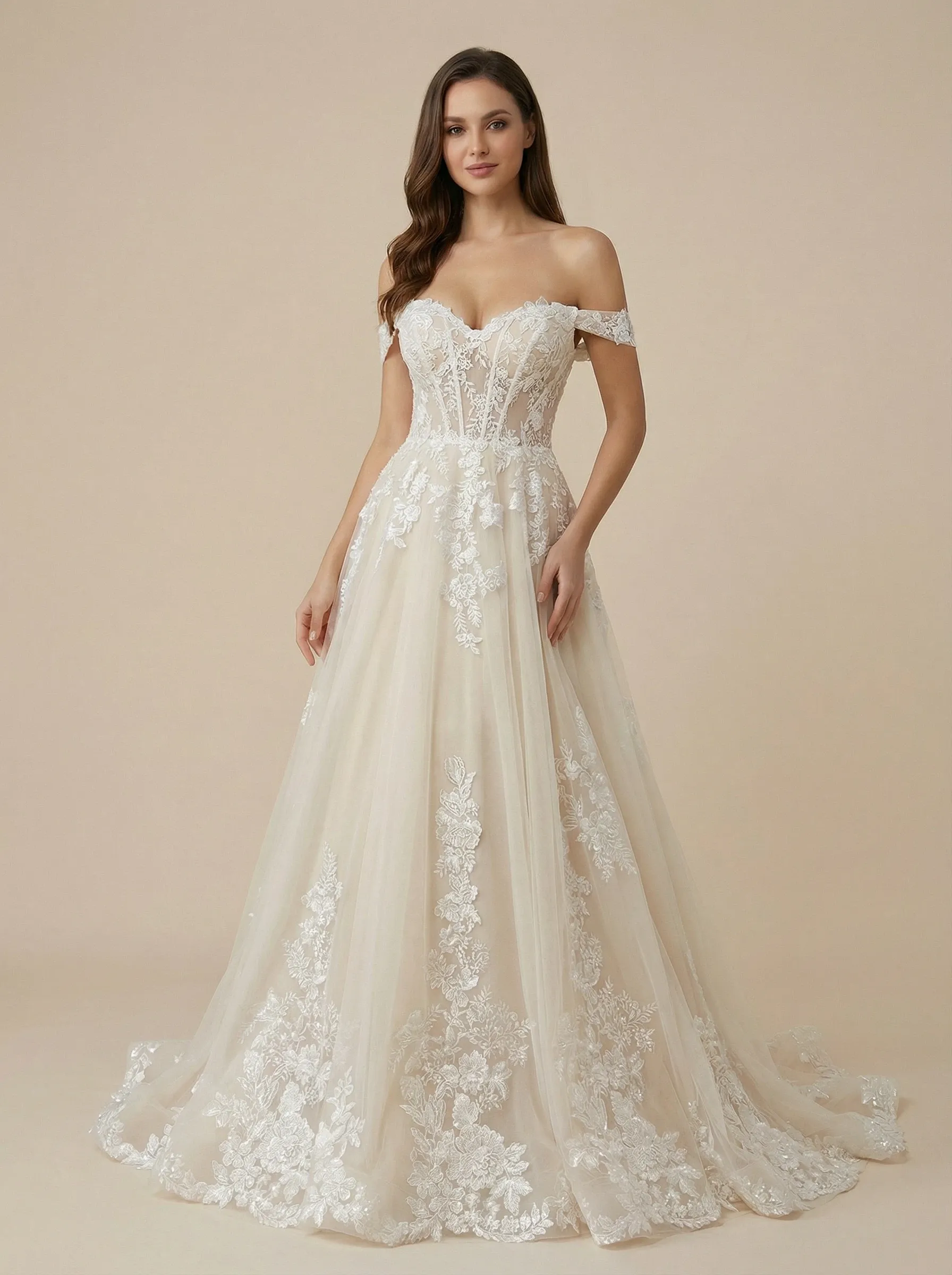 A-Line Off The Shoulder Lace And Tulle Maxi Long Wedding Dresses Online sold by ChicSew