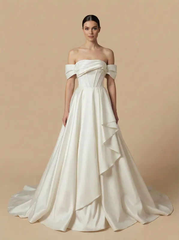 A-Line Off Shoulder Ruffles Boning Maxi Long Satin Wedding Dresses Online sold by ChicSew