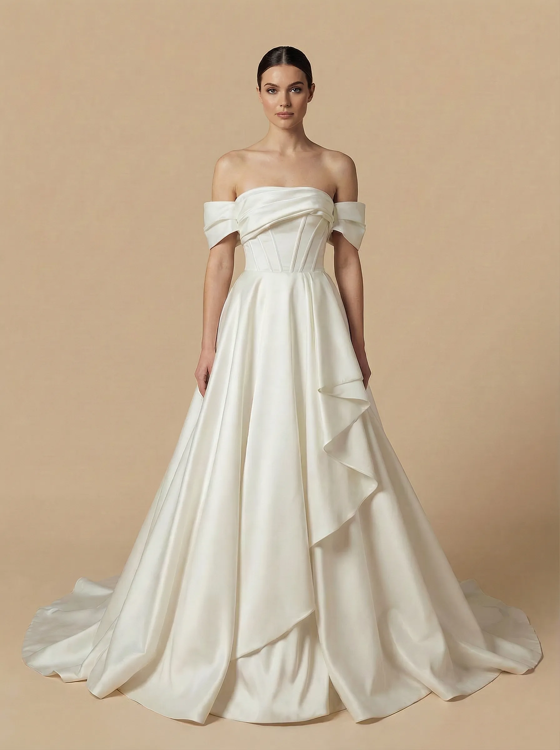 A-Line Off Shoulder Ruffles Boning Maxi Long Satin Wedding Dresses Online sold by ChicSew