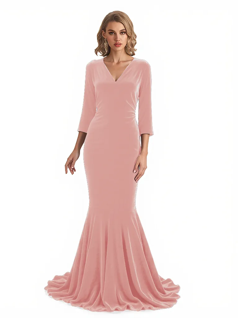 Elegant V-Neck 3/4 Sleeves Mermaid Velvet Long Formal Evening Dresses sold by ChicSew product image thumbnail 4