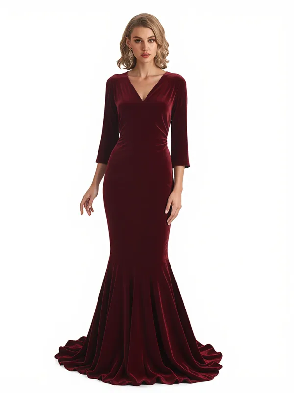 Elegant V-Neck 3/4 Sleeves Mermaid Velvet Long Formal Evening Dresses sold by ChicSew