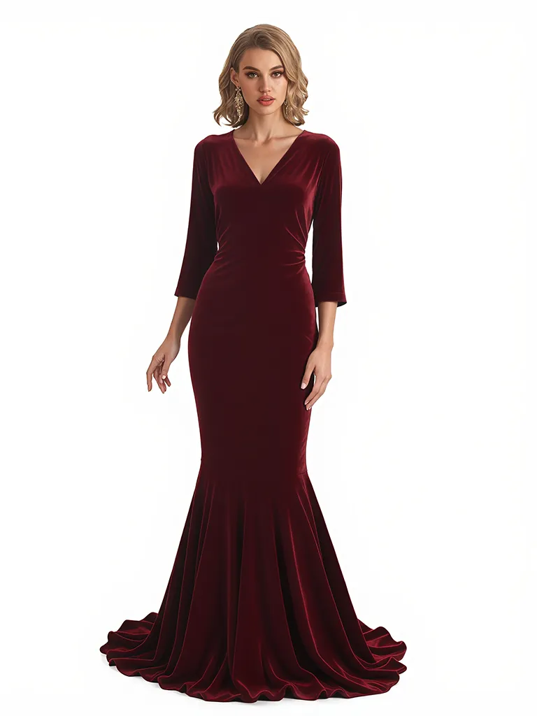 Elegant V-Neck 3/4 Sleeves Mermaid Velvet Long Formal Evening Dresses sold by ChicSew