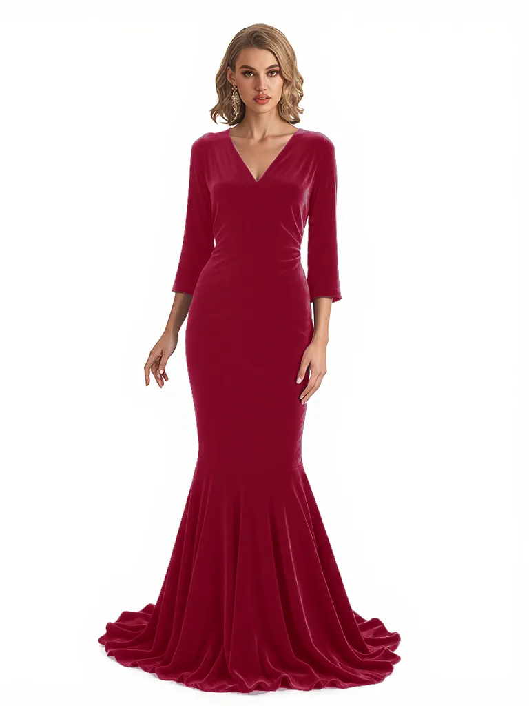Elegant V-Neck 3/4 Sleeves Mermaid Velvet Long Formal Evening Dresses sold by ChicSew product image thumbnail 5