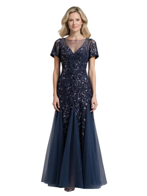 Elegant Dark-Navy Lace Short Sleeves Mermaid Long Mother Of The Bride Dresses sold by ChicSew