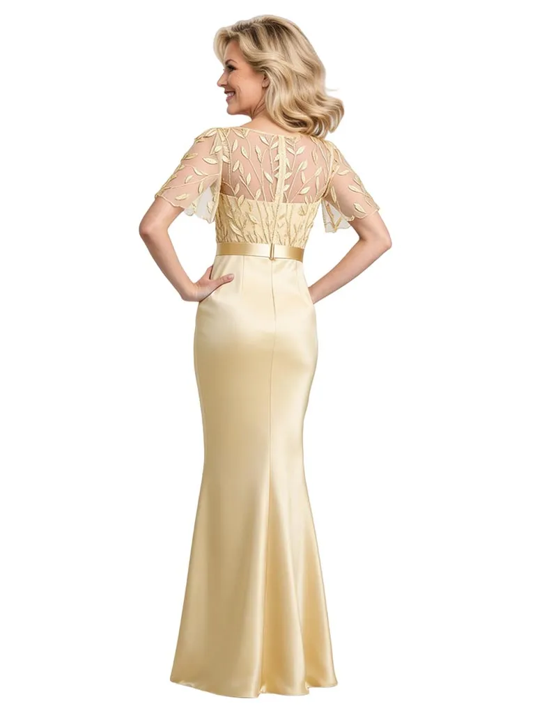 Elegant Flutter Sleeves Scoop Lace Satin Mermaid Floor-Length Mother Of The Bride Dresses sold by ChicSew product image thumbnail 2