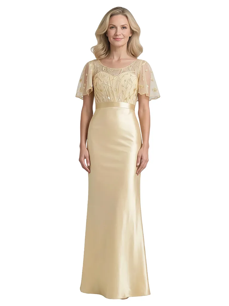 Elegant Flutter Sleeves Scoop Lace Satin Mermaid Floor-Length Mother Of The Bride Dresses sold by ChicSew
