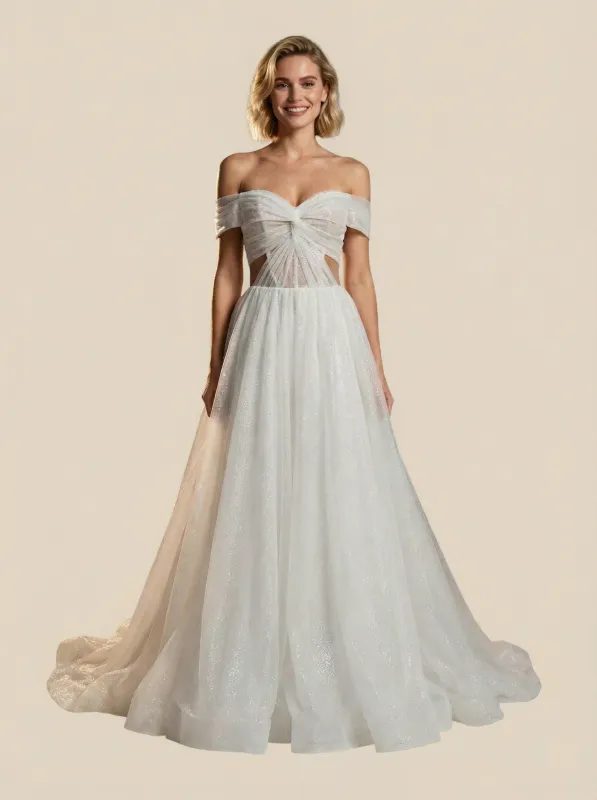 Sparkly A-Line Off Shoulder Maxi Long Sequin Wedding Dresses Online sold by ChicSew