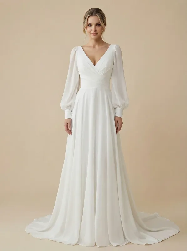 A-Line Long Sleeves V-Neck Maxi Long Chiffon Wedding Dresses Online sold by ChicSew