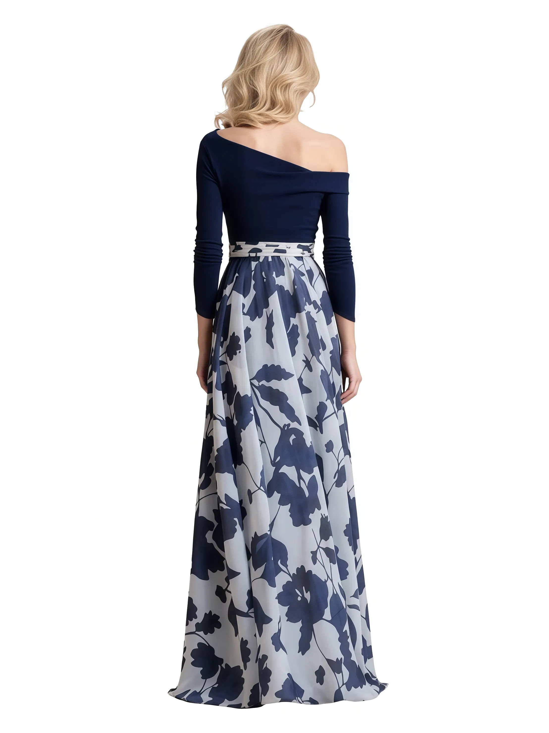 Elegant Dark-Navy Floral Chiffon Long Sleeves A-Line Long Mother Of The Bride Dresses sold by ChicSew product image thumbnail 2