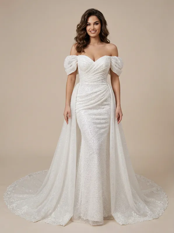 Mermaid Off Shoulder Maxi Long Sequin Wedding Dresses Online With Detachable Skirt sold by ChicSew