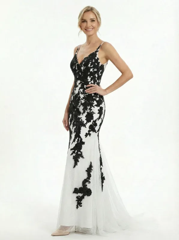 Black and White Mermaid Spaghetti Straps Maxi Long Tulle And Lace Wedding Dresses sold by ChicSew