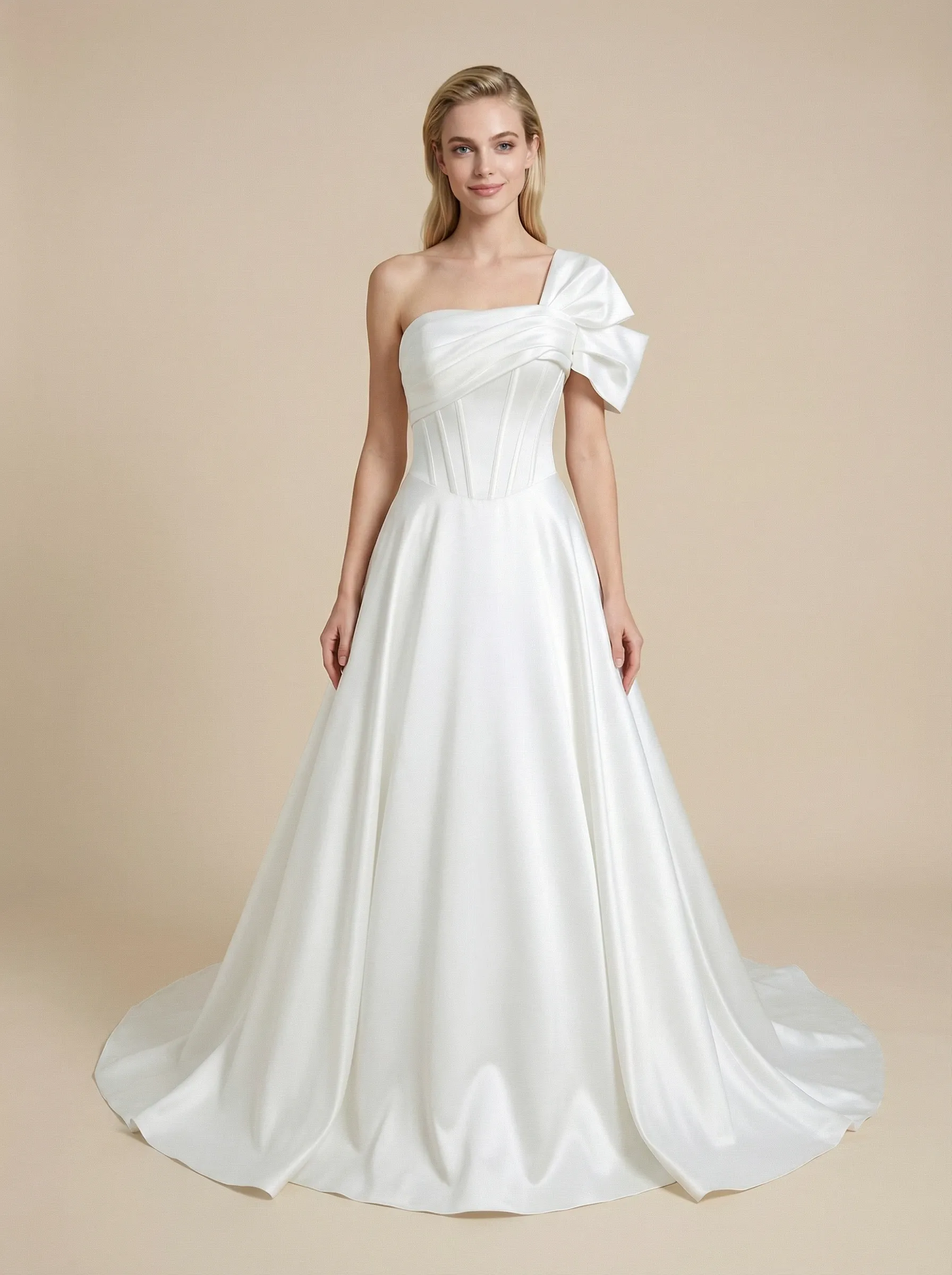 A-Line One Shoulder Boning Maxi Long Satin Wedding Dresses Online sold by ChicSew