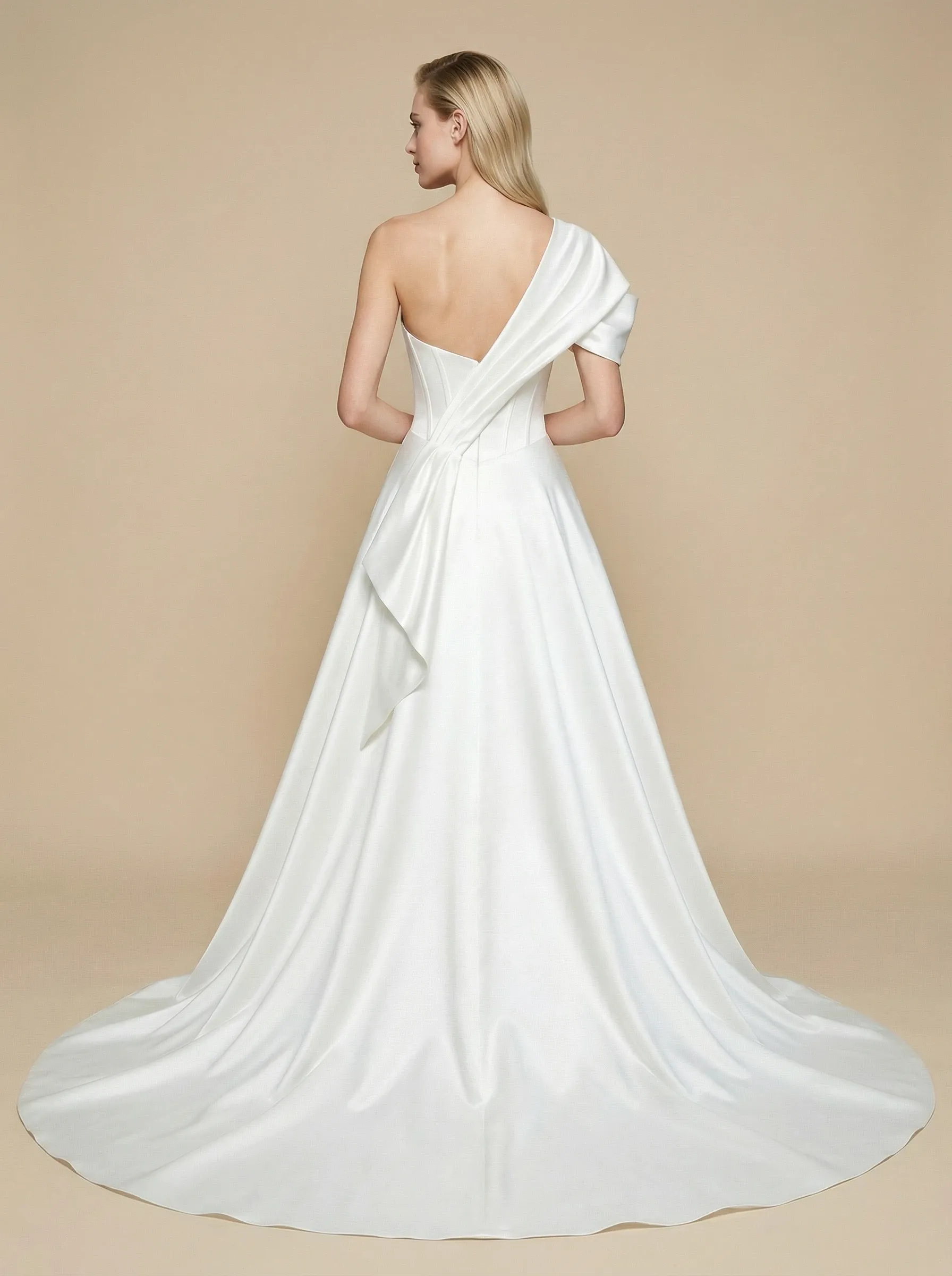 A-Line One Shoulder Boning Maxi Long Satin Wedding Dresses Online sold by ChicSew product image thumbnail 2