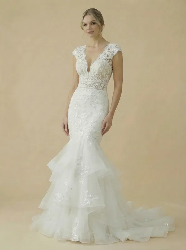 V-Neck Cap Sleeve Mermaid Lace Maxi Long Wedding Gowns Online sold by ChicSew