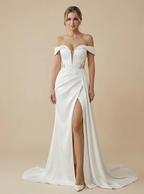 Mermaid Off Shoulder V-Neck Maxi Long Satin Wedding Gowns With Train sold by ChicSew