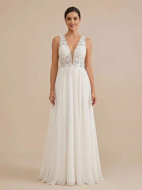 A-Line V-neck Sleeveless Maxi Long Chiffon Beach Wedding Dresses Online sold by ChicSew