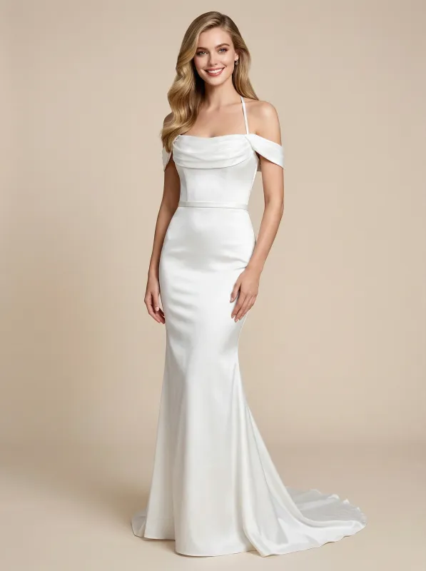 Mermaid Cold Shoulder Open Back Maxi Long Satin Wedding Gowns Online sold by ChicSew