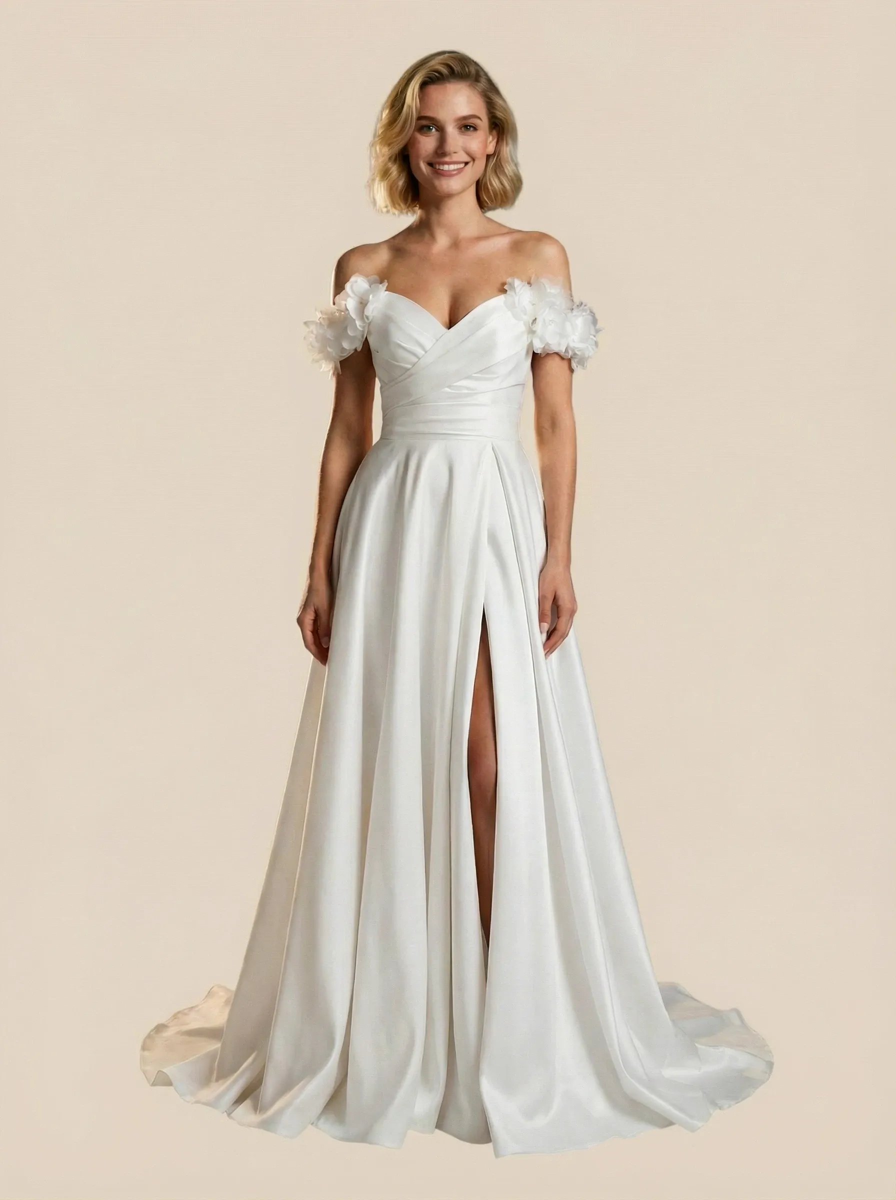 A-Line Off Shoulder Maxi Long Satin Wedding Gowns With Handmade Flower sold by ChicSew