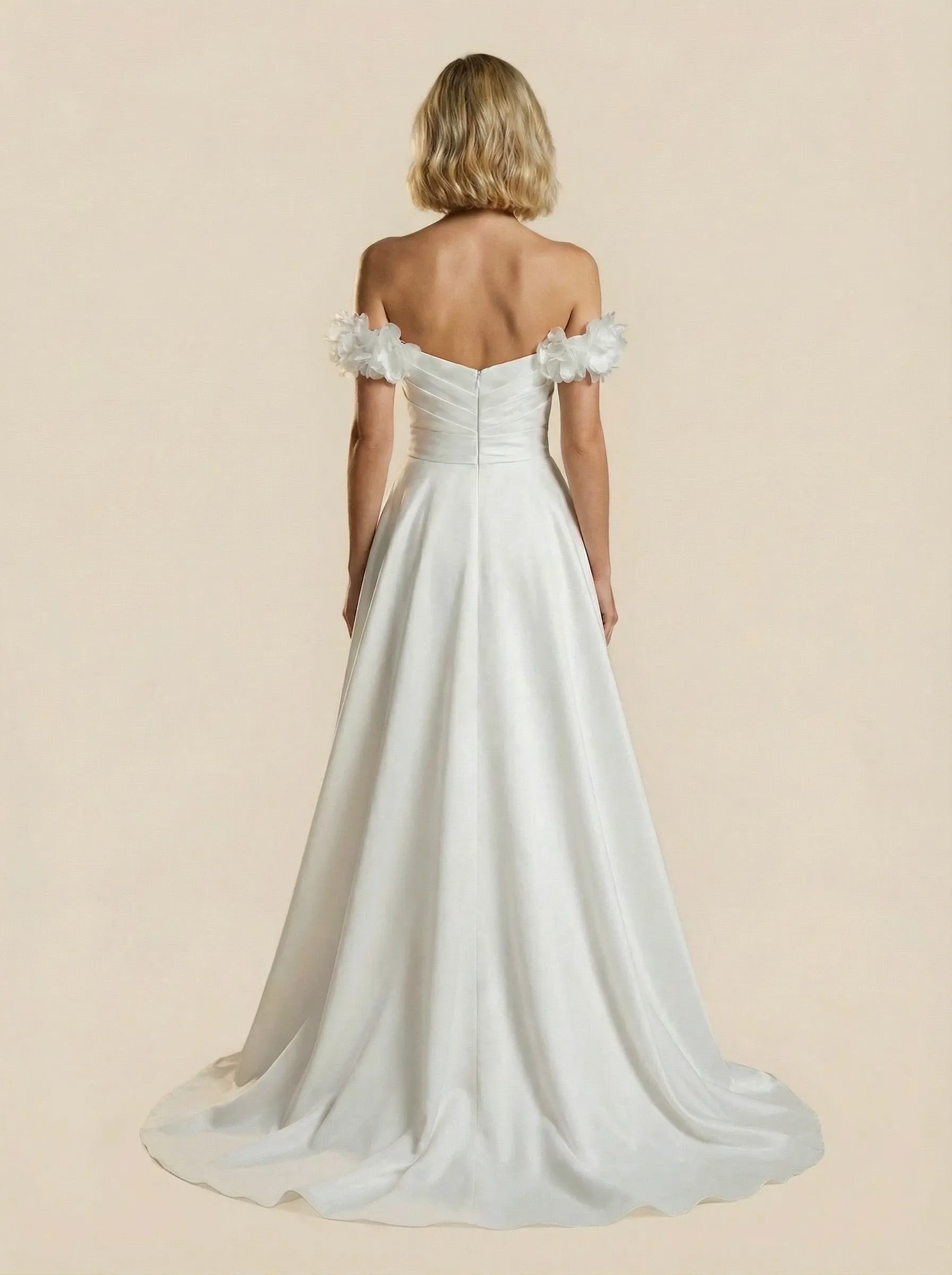 A-Line Off Shoulder Maxi Long Satin Wedding Gowns With Handmade Flower sold by ChicSew product image thumbnail 2