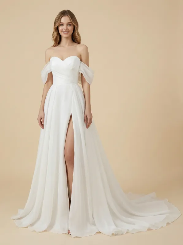 A-Line Off The Shoulder Side Slit Chiffon Maxi Long Beach Wedding Dresses Online sold by ChicSew