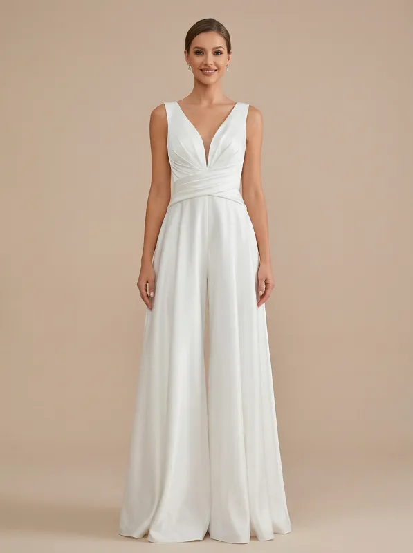 Jumpsuit V-neck Sleeveless Maxi Long Jumpsuit Wedding Dress sold by ChicSew