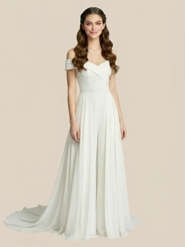 Jumpsuit Off Shoulder Chiffon Maxi Long Jumpsuit Wedding Gowns sold by ChicSew
